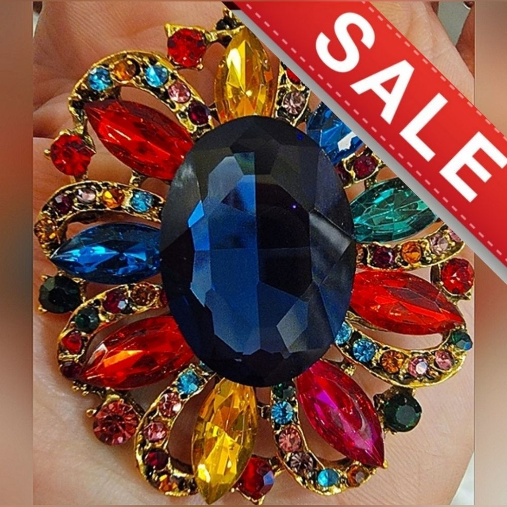 #Vintage Vibrant 2x2 #Brooch Multicolor Burst Rhinestone Gold Tone Open-Back